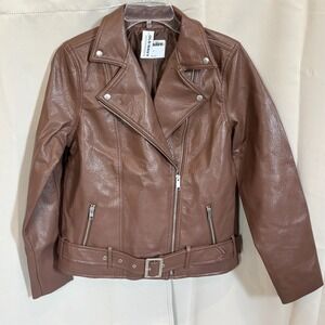 Old Navy Moto Jacket Small Brown Faux Leather Belted Biker Grunge Rustic 18618x